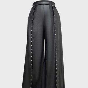 Bling Rhinestones Studded Wide Leg Faux Leather Pants